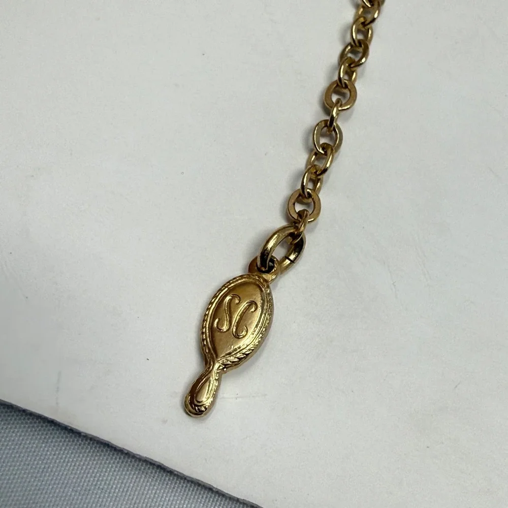 Sarah Coventry Vintage Gold Tone‎ Pink Cabochon Tassel Pendant Long Necklace